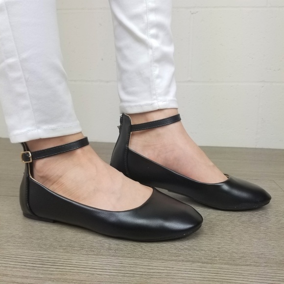 Round Toe Black Ankle Ballerina Flats - Picture 6 of 8